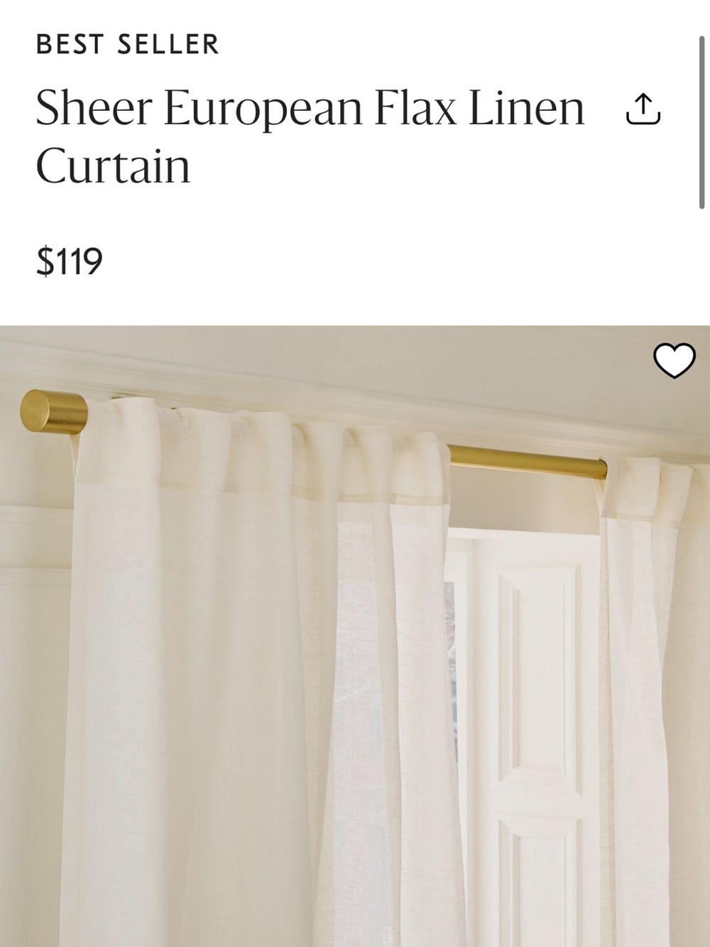 West Elm Sheer European Flax Linen Curtain - Alabaster 48 x 108. 2 panels